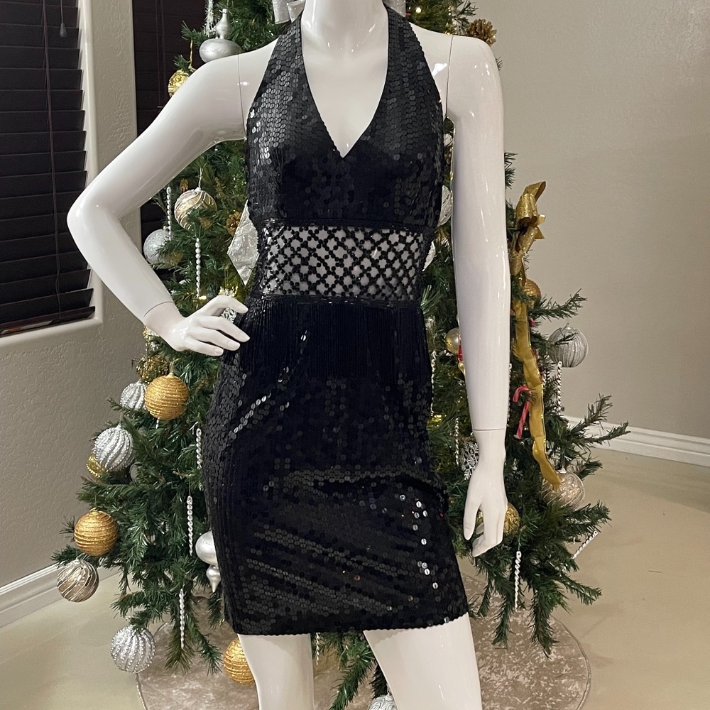 Black Sequin Mini Halter Dress